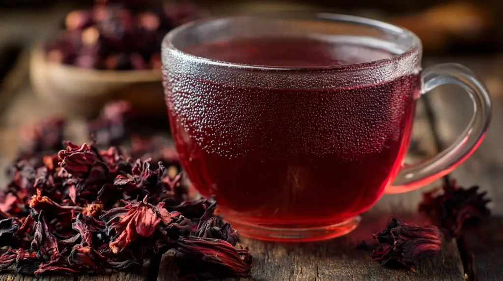 how much hibiscus tea per day served in a glass cup with dried hibiscus flowers