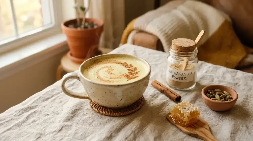 ashwagandha moon milk in a white mug with turmeric cinnamon and honey for sleep