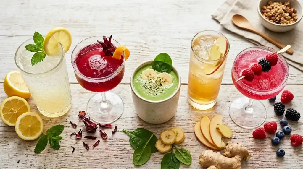 five homemade prebiotic drinks in glasses on a wooden table with fresh ingredients