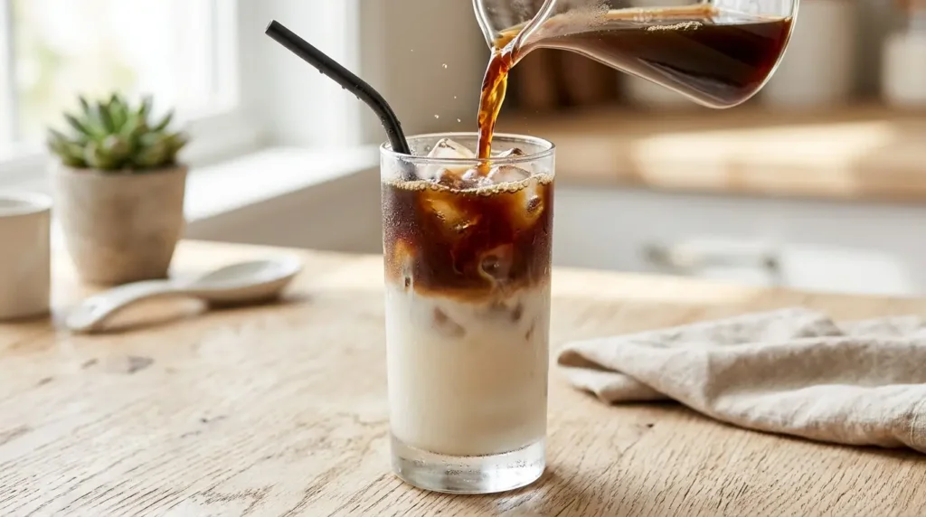 iced protein coffee proffee in a glass with cold brew and protein powder layered