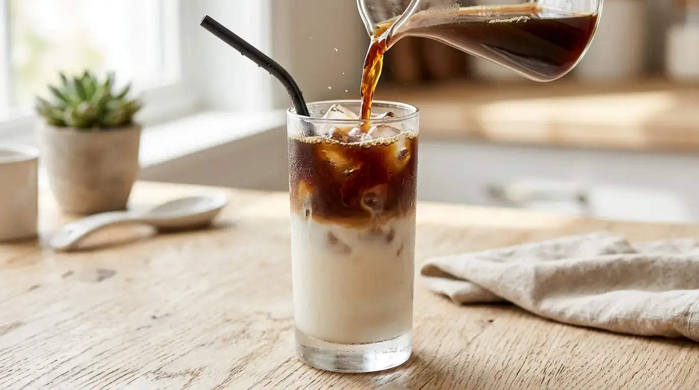 iced protein coffee proffee in a glass with cold brew and protein powder layered