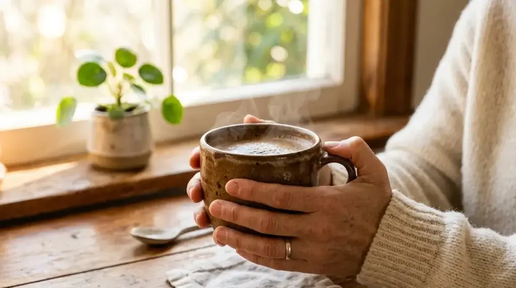person holding mushroom coffee mug in morning light wellness routine