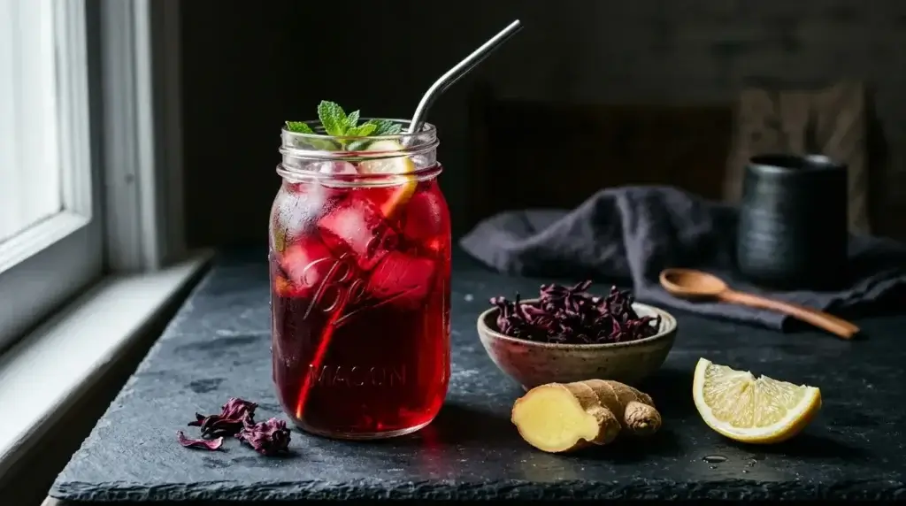 deep red hibiscus ginger prebiotic tonic in a glass jar with fresh ginger and dried hibiscus flowers