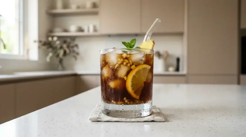 iced coffee with ginger and lemon over ice