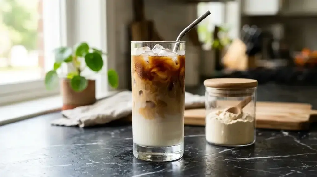 classic iced proffee recipe with cold brew coffee and vanilla protein shake in layered glass