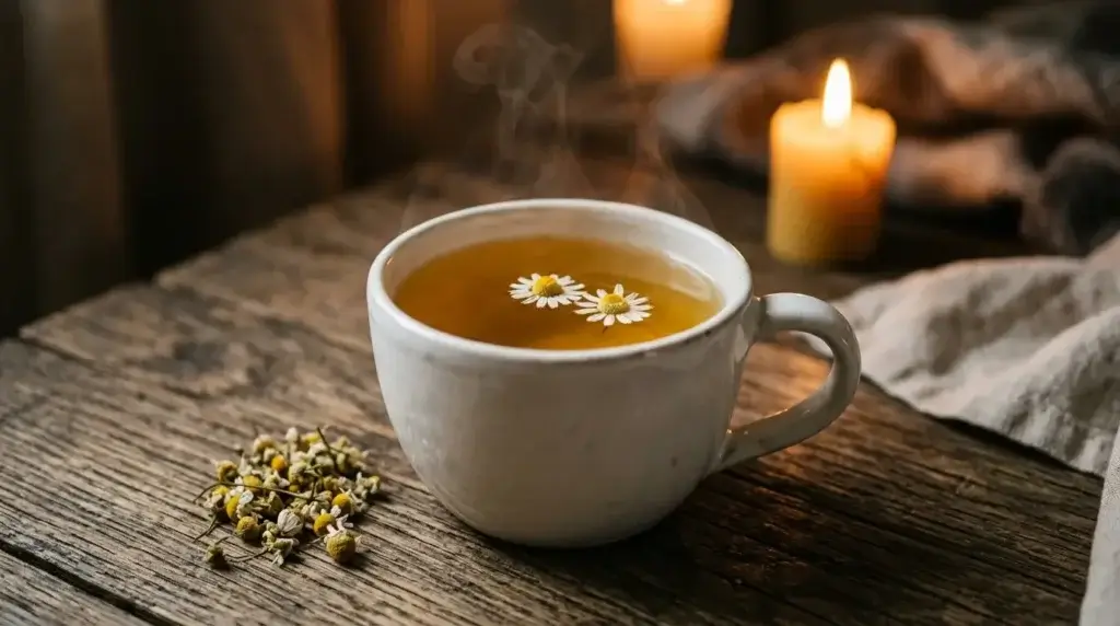 cup of caffeine-free chamomile tea before bedtime