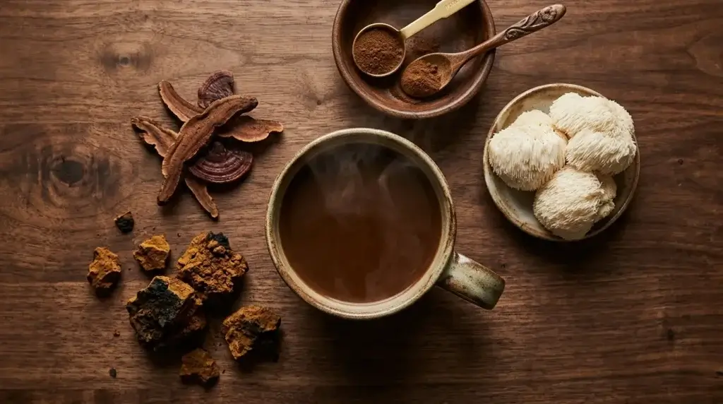 mushroom coffee in a ceramic cup with lion's mane and reishi mushrooms on a wooden surface