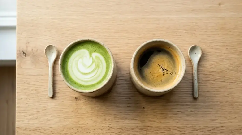 matcha latte vs coffee side by side comparison on a wooden table