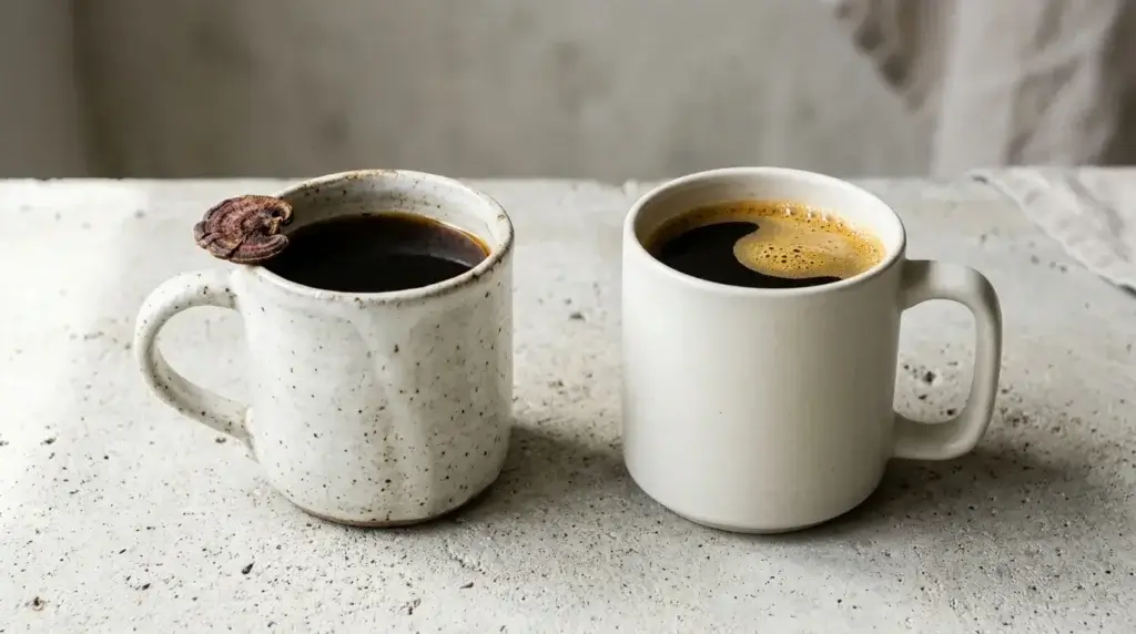 mushroom coffee mug next to regular black coffee comparison side by side