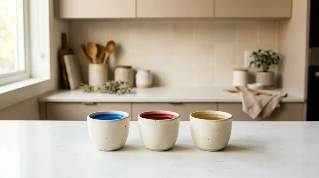 butterfly pea tea hibiscus and chamomile comparison — three herbal teas in a row showing blue red and golden colors on white kitchen counter