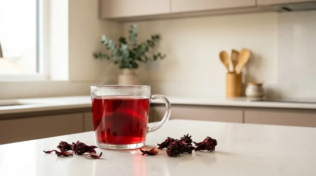 can pregnant women drink hibiscus tea — chamomile tea in focus as a safe alternative with hibiscus in background on white kitchen counter