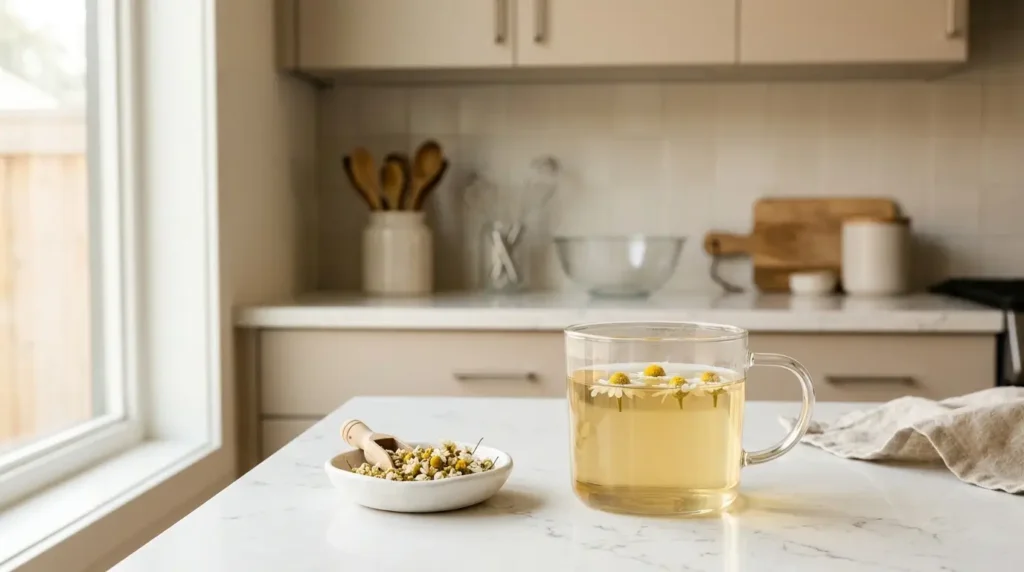 chamomile tea benefits — clear glass mug of pale golden chamomile tea with dried chamomile flowers on white kitchen counter