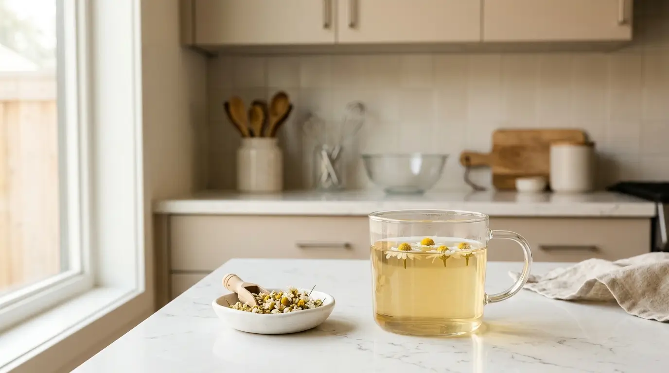 chamomile tea benefits — clear glass mug of pale golden chamomile tea with dried chamomile flowers on white kitchen counter