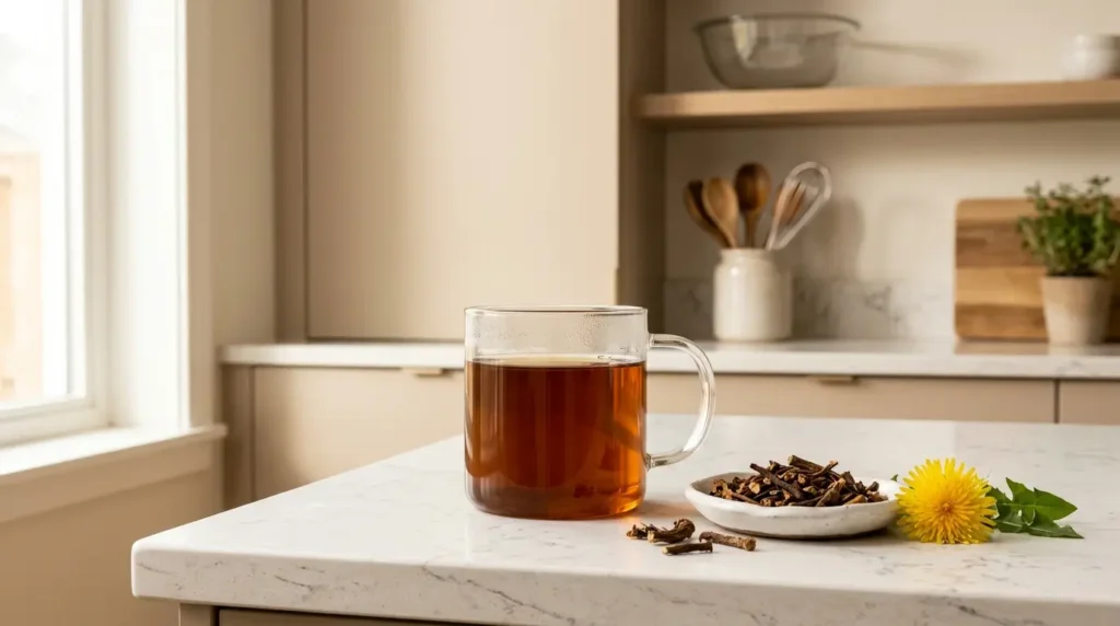 dandelion tea benefits — glass mug of dark amber dandelion root tea with dried root pieces and fresh dandelion flower on white kitchen counter