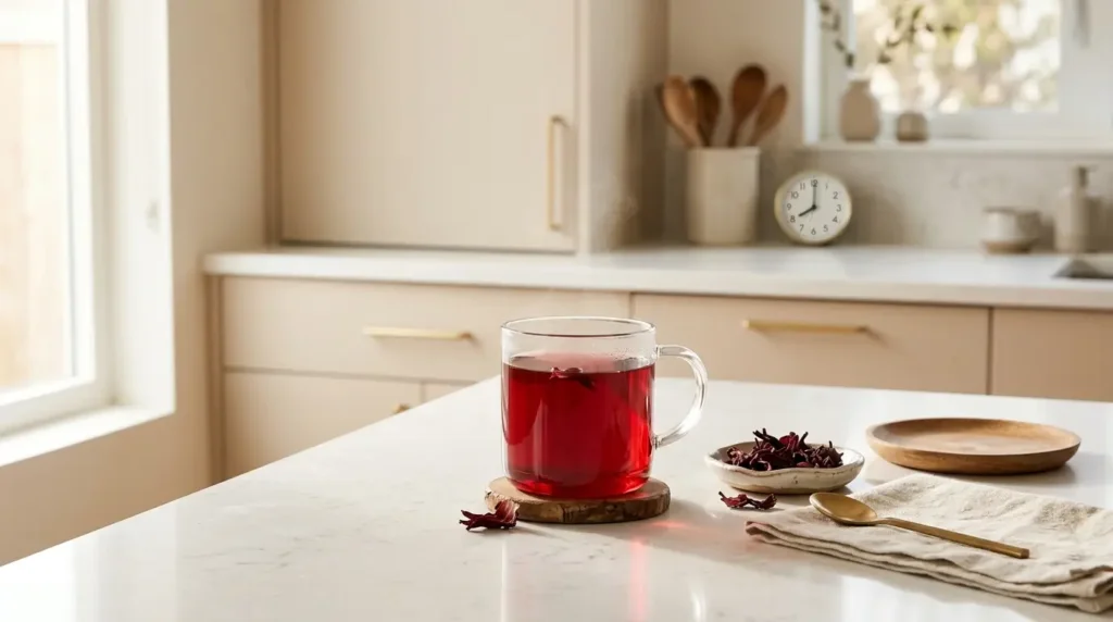 does hibiscus tea lower blood pressure immediately — glass of red hibiscus tea with blood pressure monitor on white kitchen counter