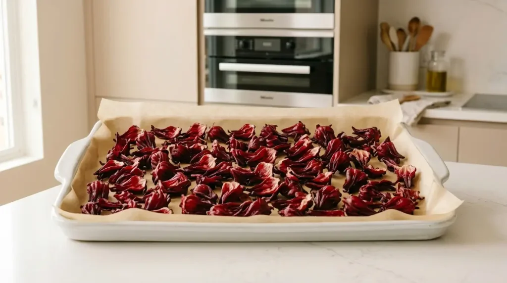 drying hibiscus flowers for tea in the oven — red calyces on parchment paper on baking sheet