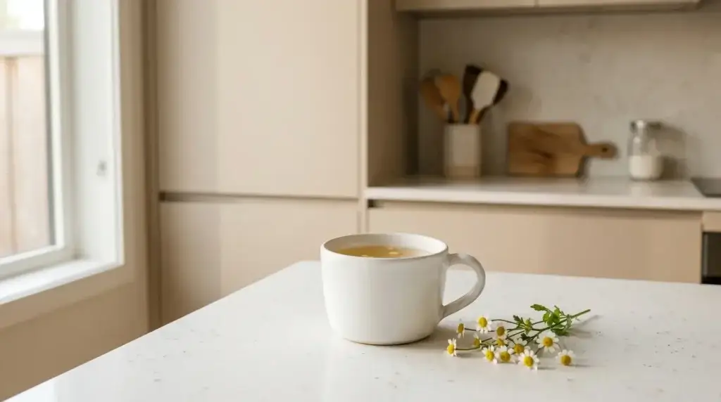 small ceramic mug of ginger tea in the evening as a calming drink for acid reflux before bed