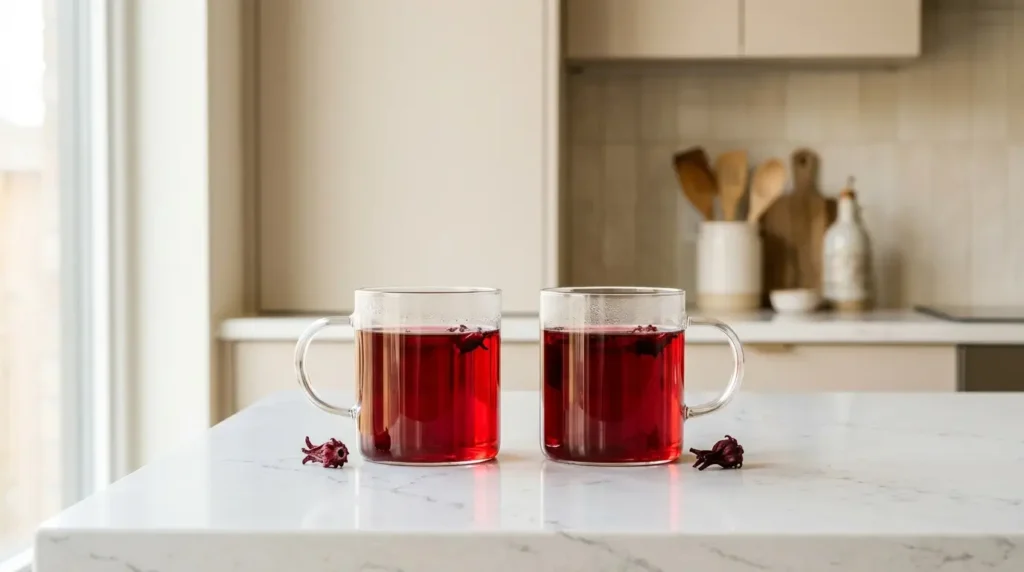 two cups of red hibiscus tea beside dried hibiscus flowers on a white kitchen counter
