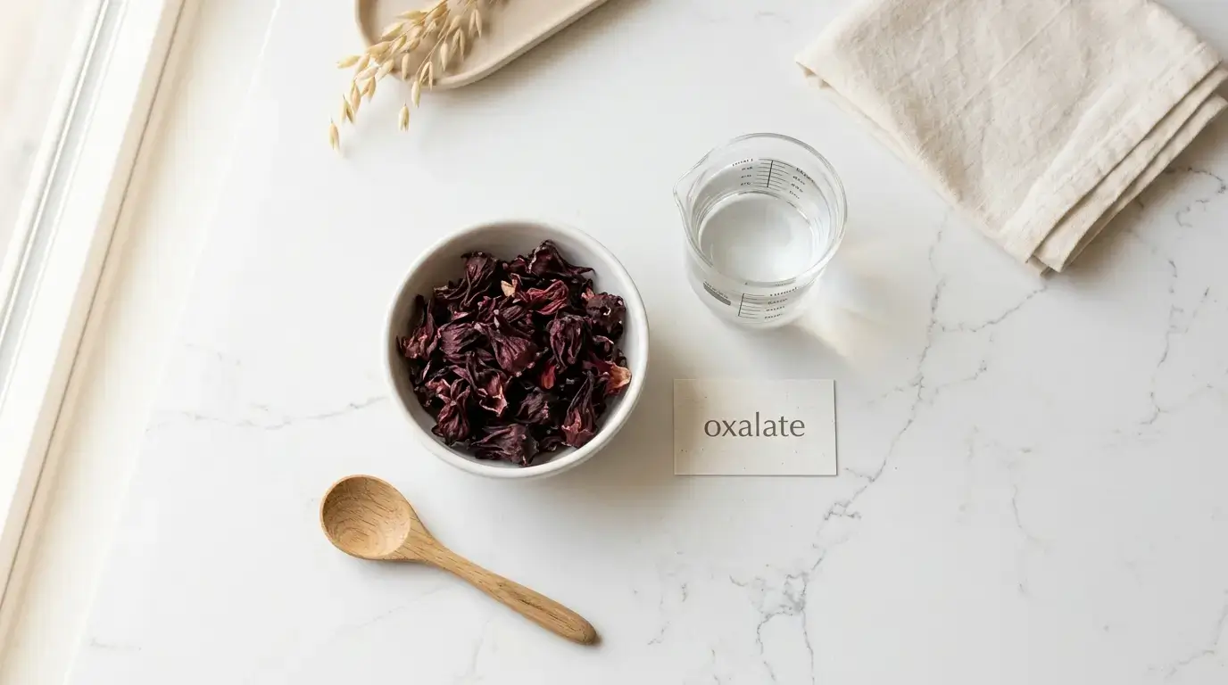 hibiscus-tea-kidney-stones-oxalate.jpg dried hibiscus calyces in a bowl illustrating oxalate content and kidney stone risk