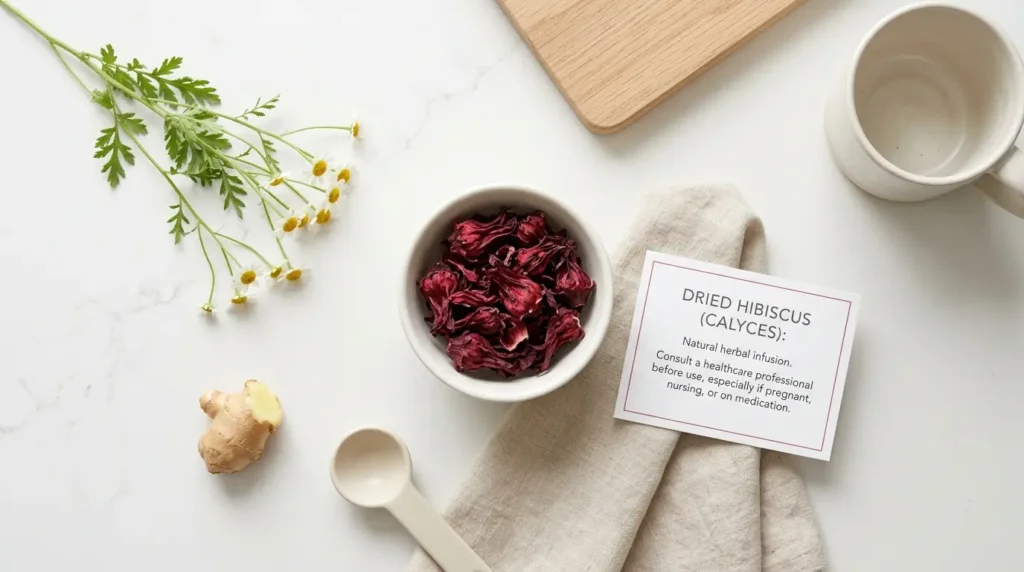 hibiscus tea pregnancy risk — dried hibiscus calyces with caution label beside ginger and chamomile alternatives on white kitchen counter