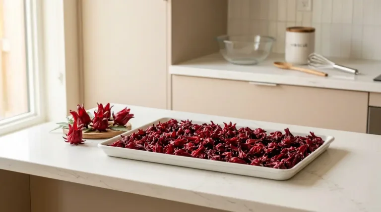 how to dry hibiscus flowers for tea — fresh red hibiscus calyces spread on a white tray on kitchen counter