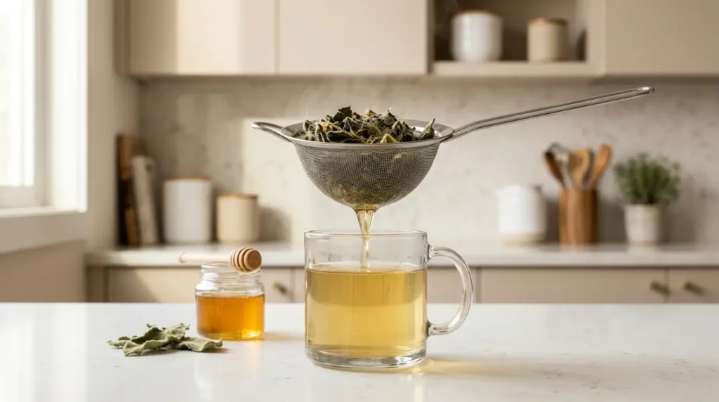 how to make mullein tea — straining pale golden mullein tea through a fine mesh to remove plant hairs on white kitchen counter