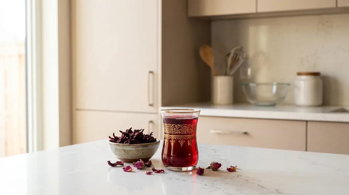 karkade tea benefits — small glass of deep red karkade hibiscus tea with dried hibiscus flowers on white kitchen counter