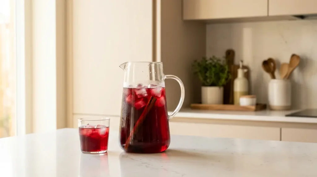 karkade tea pitcher with cinnamon stick for daily wellness routine on white kitchen counter