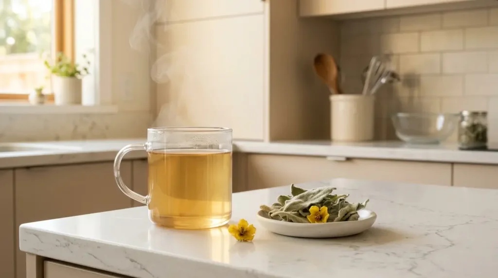 mullein tea benefits — clear glass mug of pale golden mullein tea with dried silvery mullein leaves and yellow flower on white kitchen counter