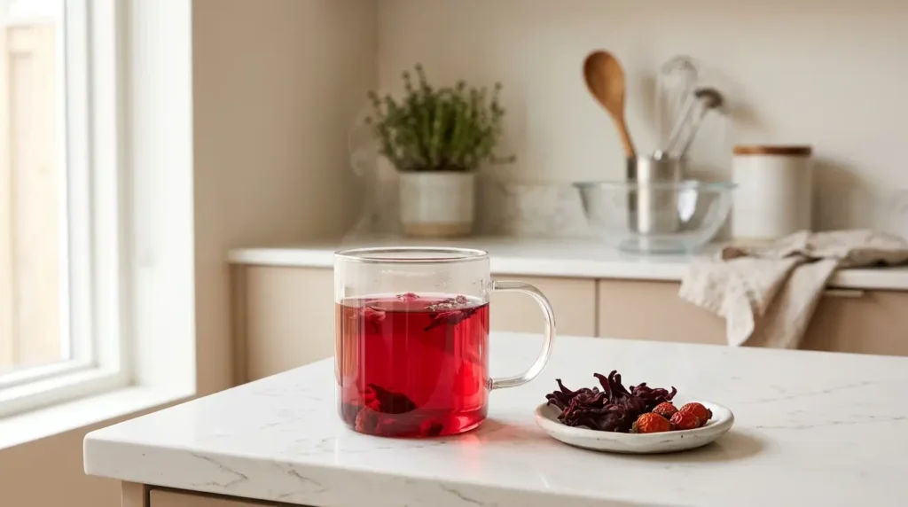 rosehip and hibiscus tea benefits — glass mug of deep ruby-pink tea with dried hibiscus and rosehip on white kitchen counter