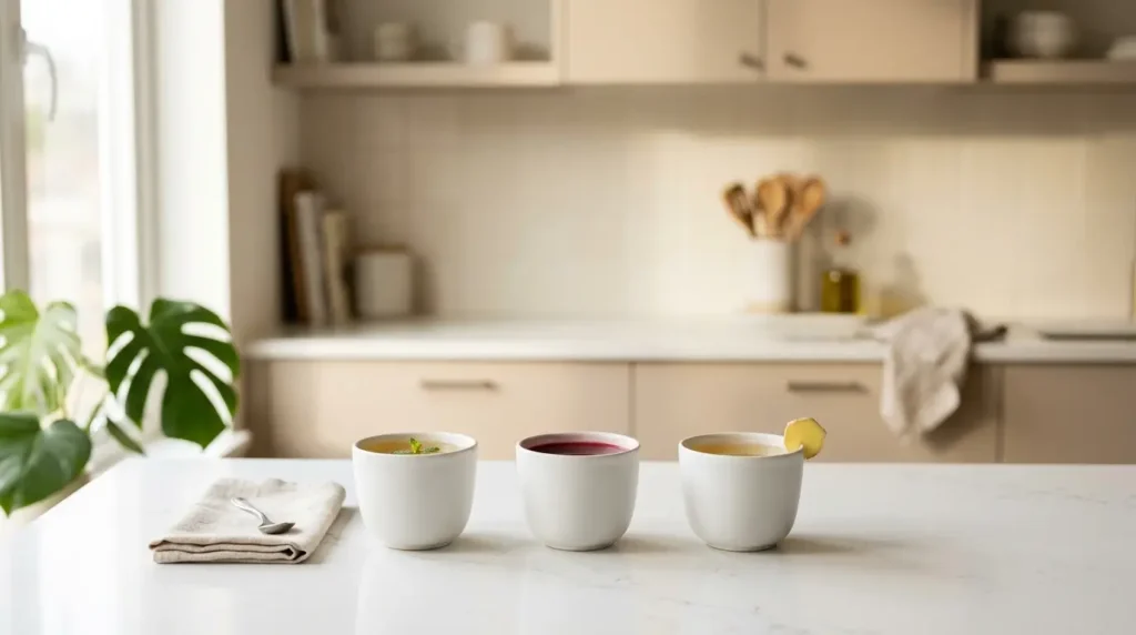 spearmint tea hibiscus and ginger herbal tea comparison — three teas in white cups on white kitchen counter