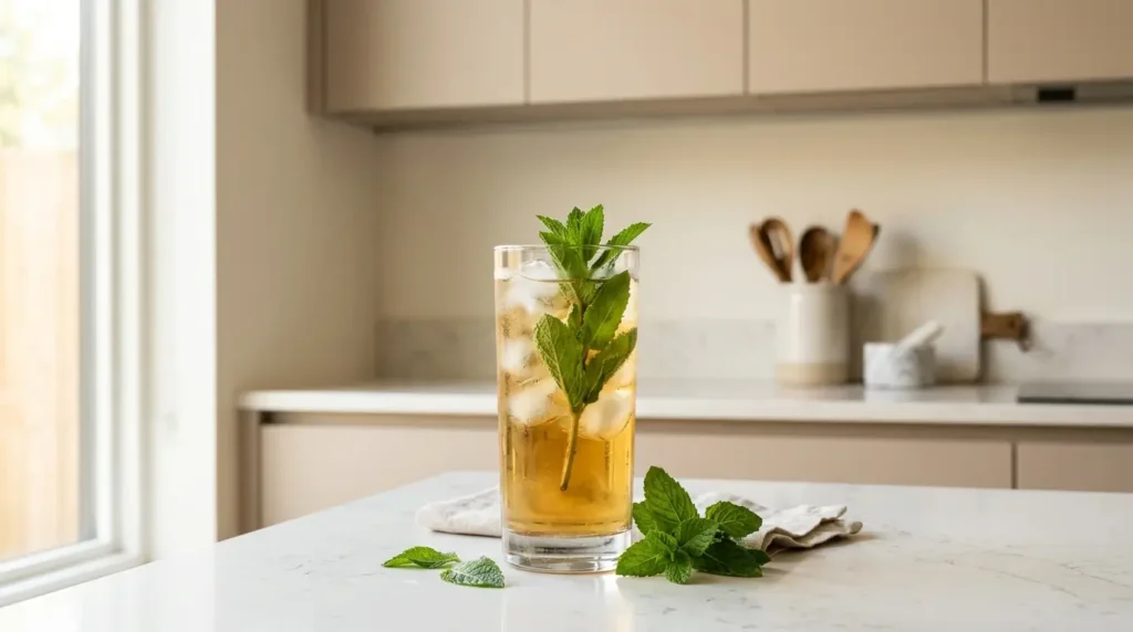 iced spearmint tea cold brew — tall glass of cold spearmint tea with ice and fresh mint on white kitchen counter