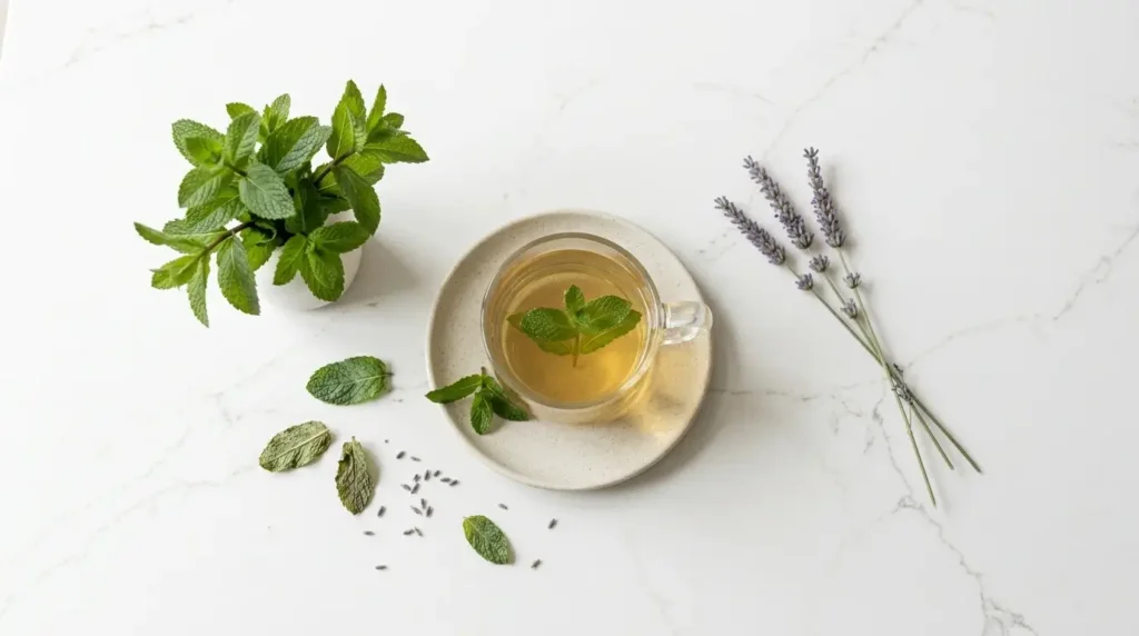 spearmint tea for hormonal balance and PCOS — flat lay of spearmint tea with fresh mint and lavender on white kitchen counter