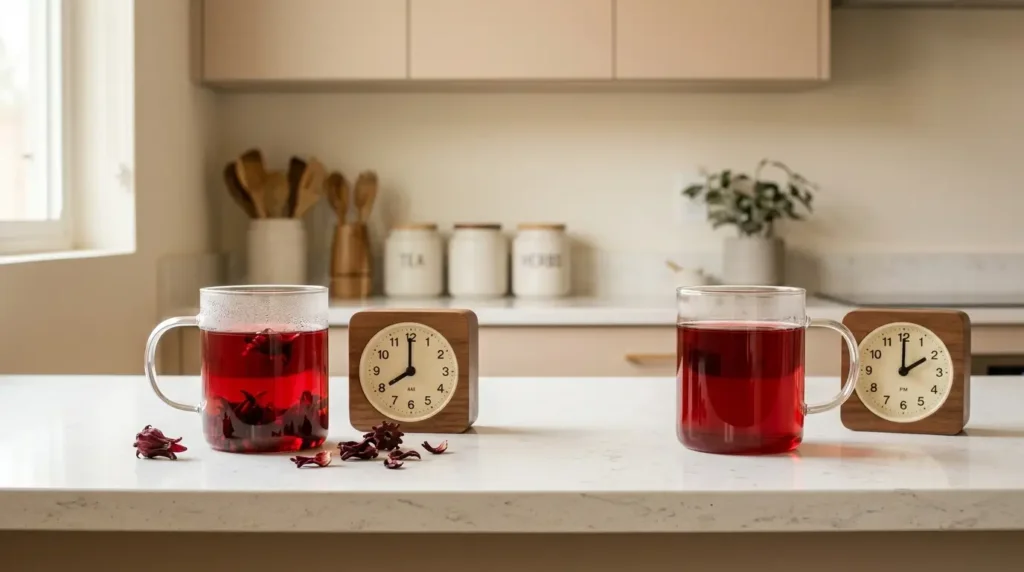two cups of red hibiscus tea with clocks illustrating different times of day