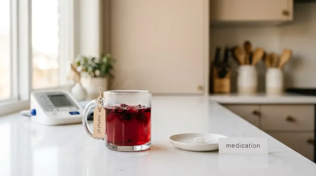 hibiscus tea shown beside blood pressure medication for an informational comparison