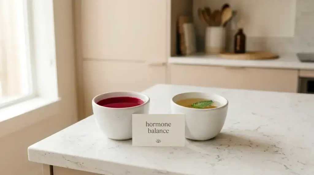 two cups of hibiscus and spearmint tea on a white kitchen counter