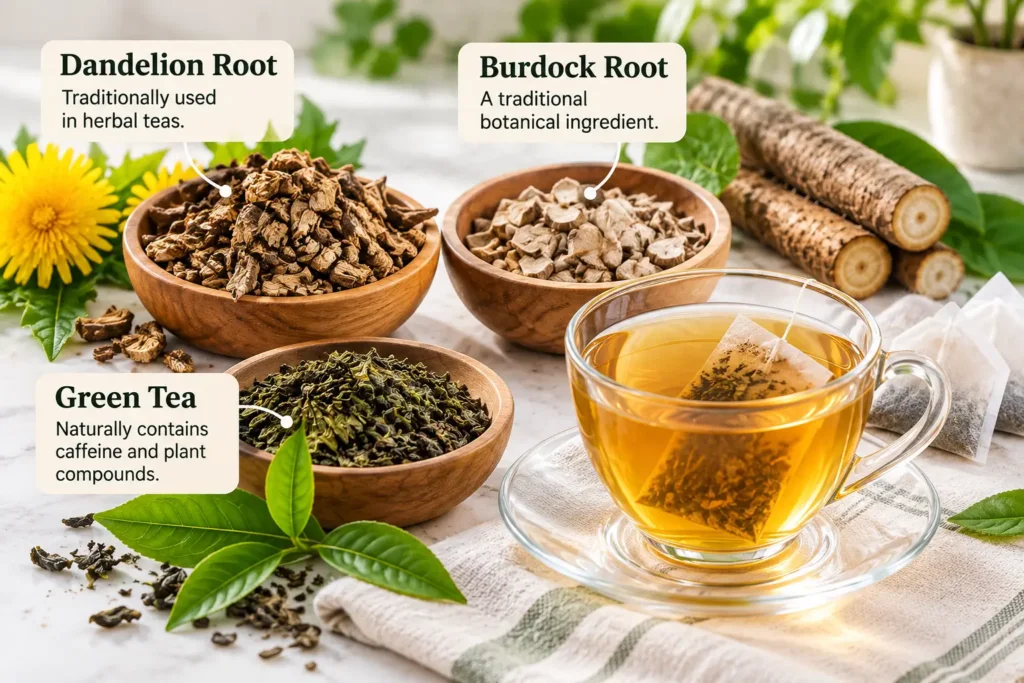 Dr Siana Herbal Tea ingredients including dandelion root, burdock root and green tea
