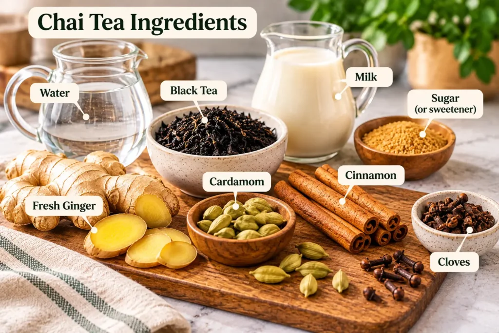 Chai tea ingredients including black tea, milk, ginger, cardamom, cinnamon and cloves