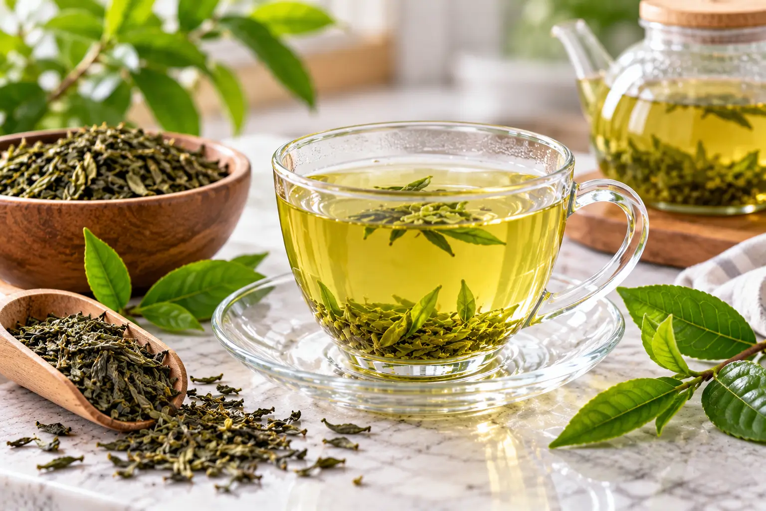 Cup of green tea made with loose green tea leaves