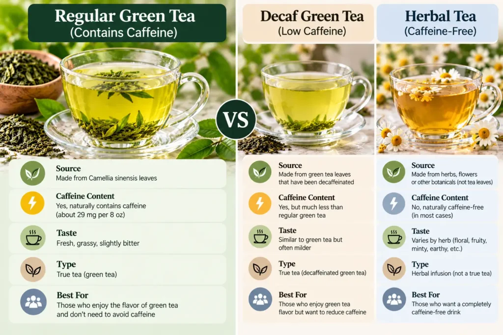 Regular green tea vs decaf green tea vs caffeine-free herbal tea