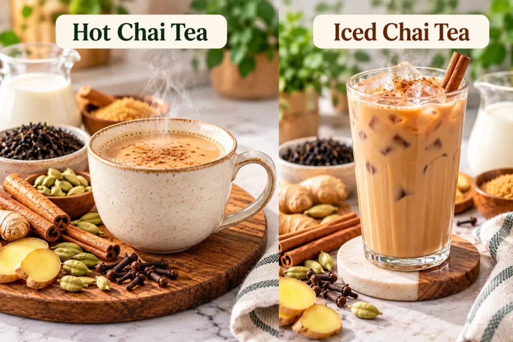 Hot chai tea and iced chai tea made with milk and warming spices