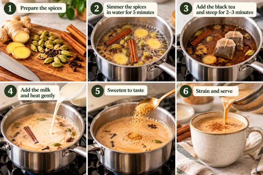 How to make chai tea step by step with black tea, spices and milk