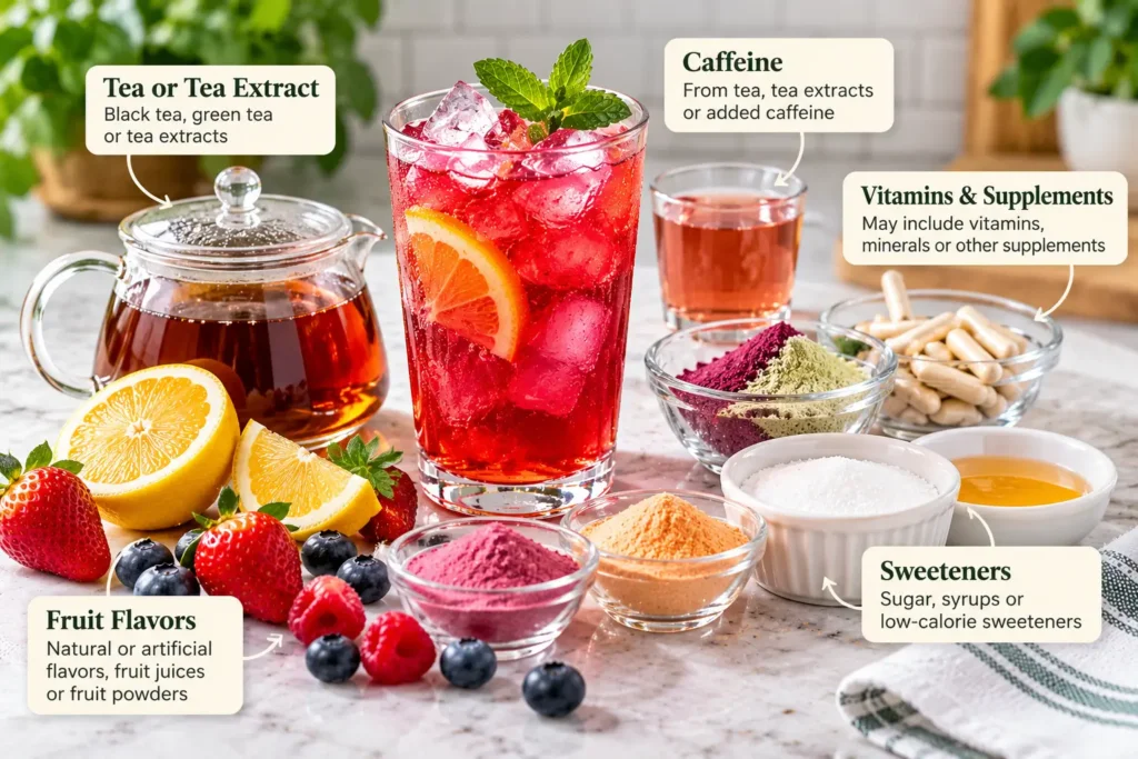Loaded tea ingredients including tea, caffeine, flavorings and sweeteners