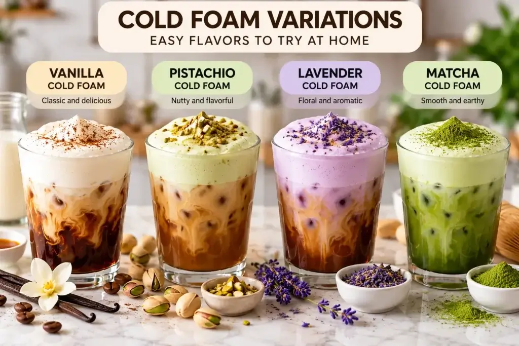 Vanilla pistachio lavender and matcha cold foam variations