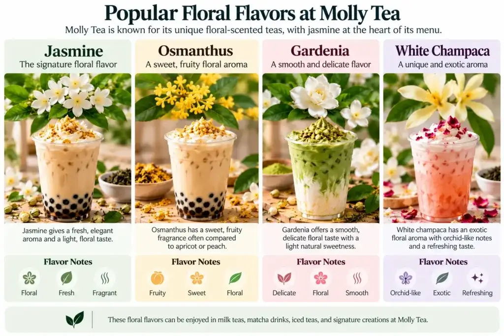 Molly Tea floral flavors including jasmine, osmanthus, gardenia and white champaca