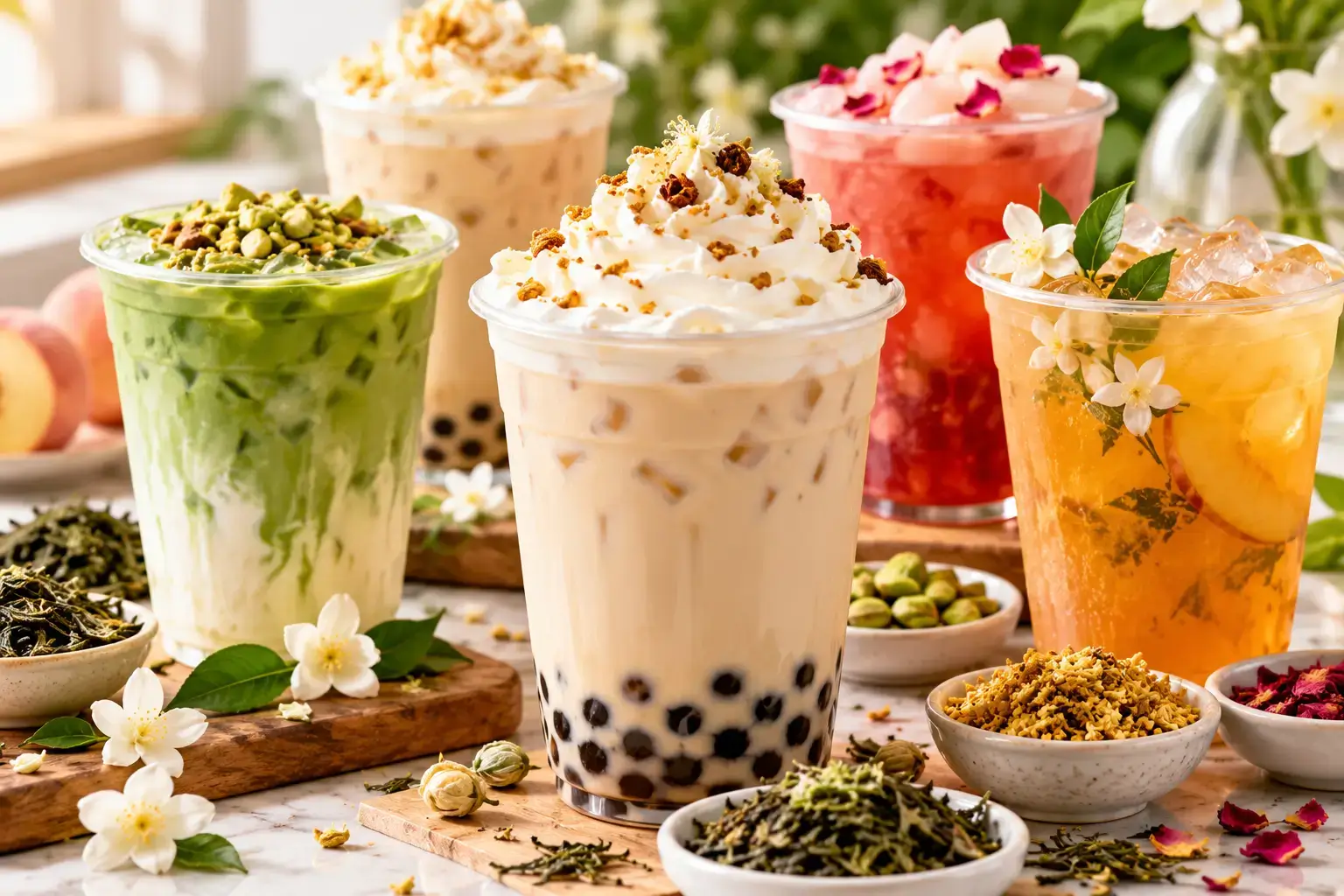 Molly Tea menu drinks with floral milk tea, matcha and iced tea